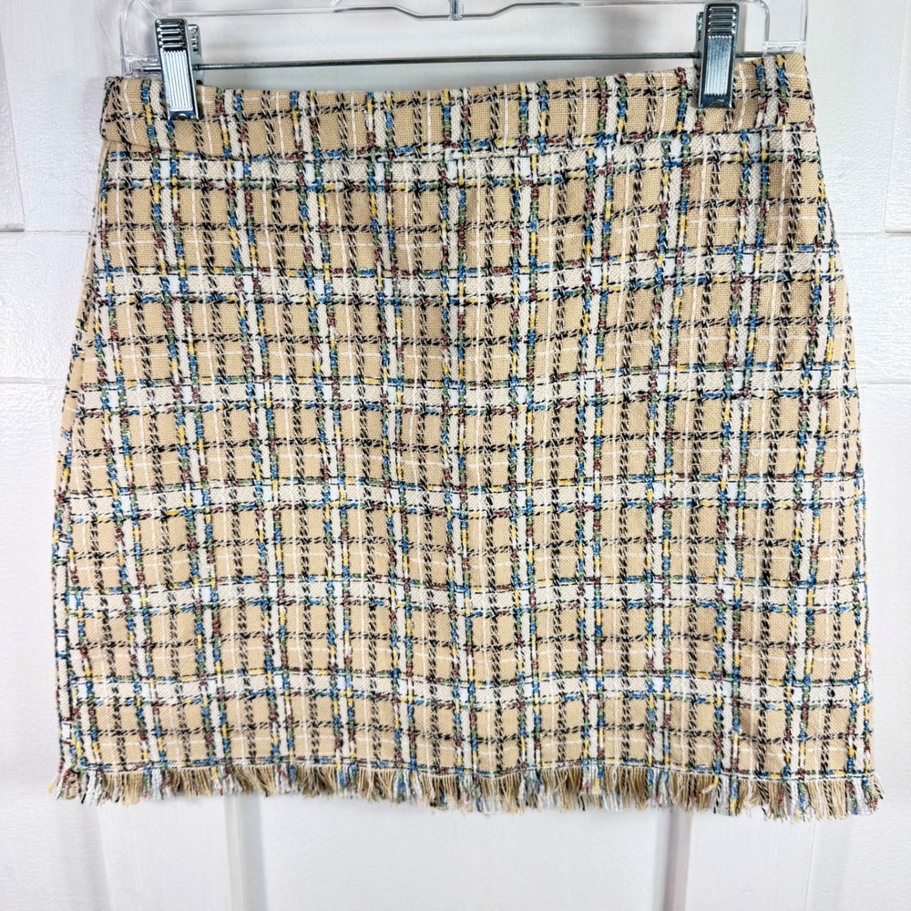 Luminary Fine Collection Tan Multi Color Plaid Tweed Frayed Hem Mini Skirt M